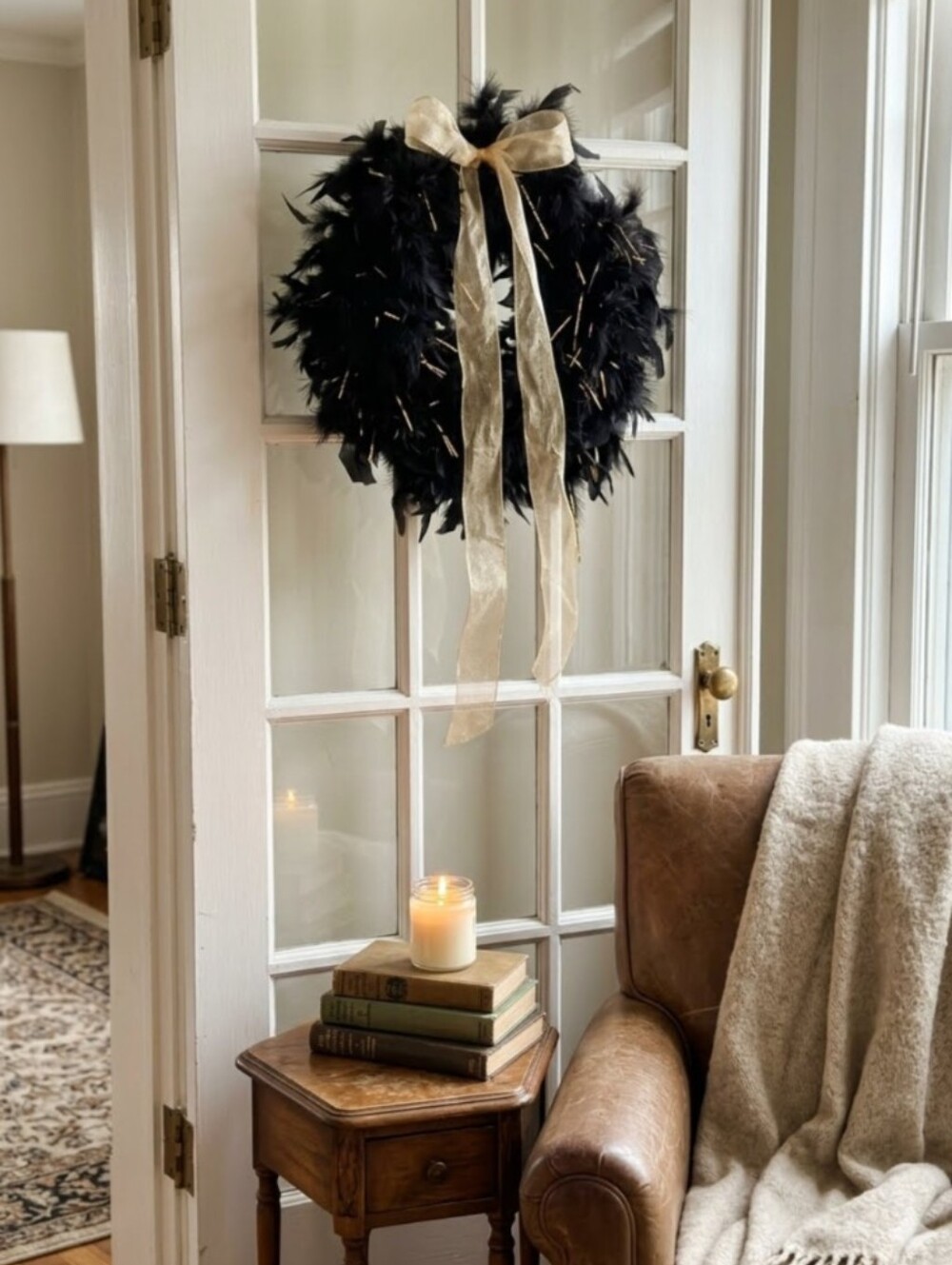 Handmade Feather Wreath With Bow-14" Black/Light Pink